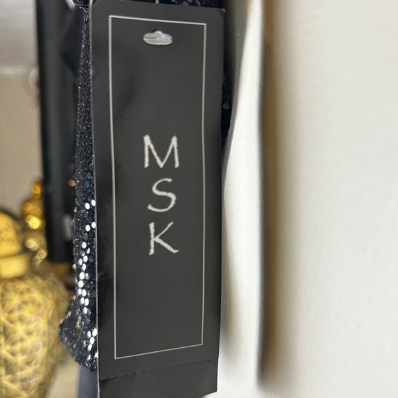 MSK Black Sequin and Satin Party Dress, Black Short Sleeve Cocktail Dress - Picture 3 of 4